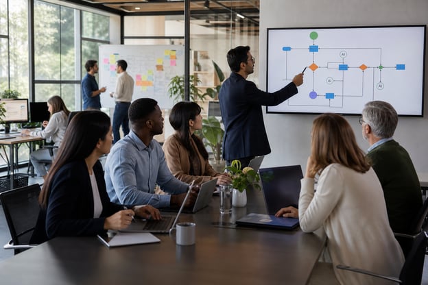 A team of 6 look at a workflow on the wall in an office environment